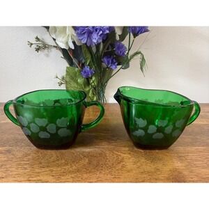 Vintage Anchor Hocking Charm Emerald Green Creamer Sugar Set Etched Floral Glass